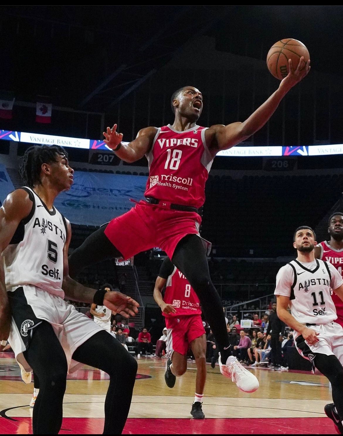 Shawn Occeus driving to the basket for the Rio Grande Valley Vipers